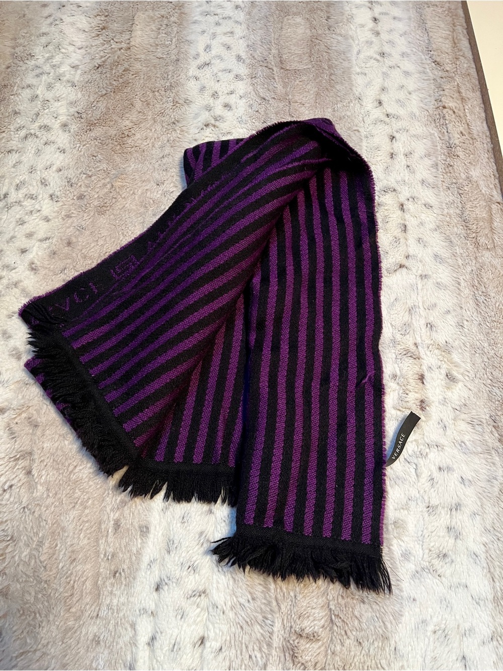 Vintage Versace Black and Purple Striped Fringe Scarf